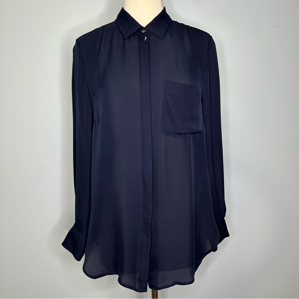 SOLD!!!!J. Crew Dark Navy Blue Chest Pocket 100% Silk Buttoned Shirt Blouse